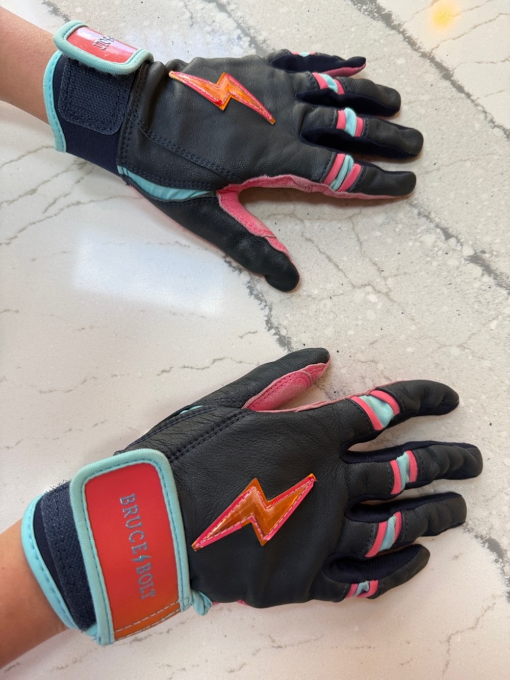 Bruce bolt Kids batting gloves -Leather Gloves with Pink and Teal Accents
